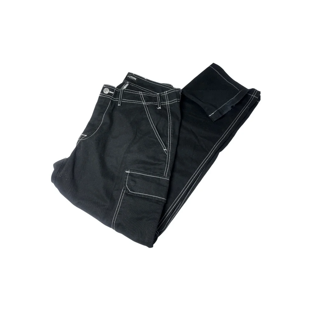 True Religion Black Contrast Stitch Cargo Pants Wide Leg Mens 34 Y2K Streetwear